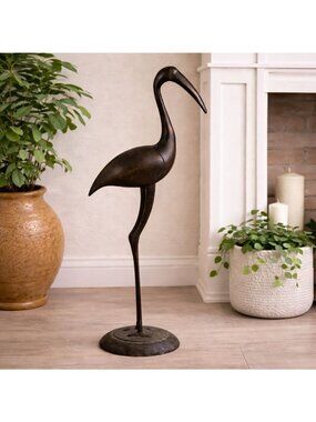 Vintage Brass Crane Bird Statue 17.5" Tall Decorative Accent Piece For Home Or G